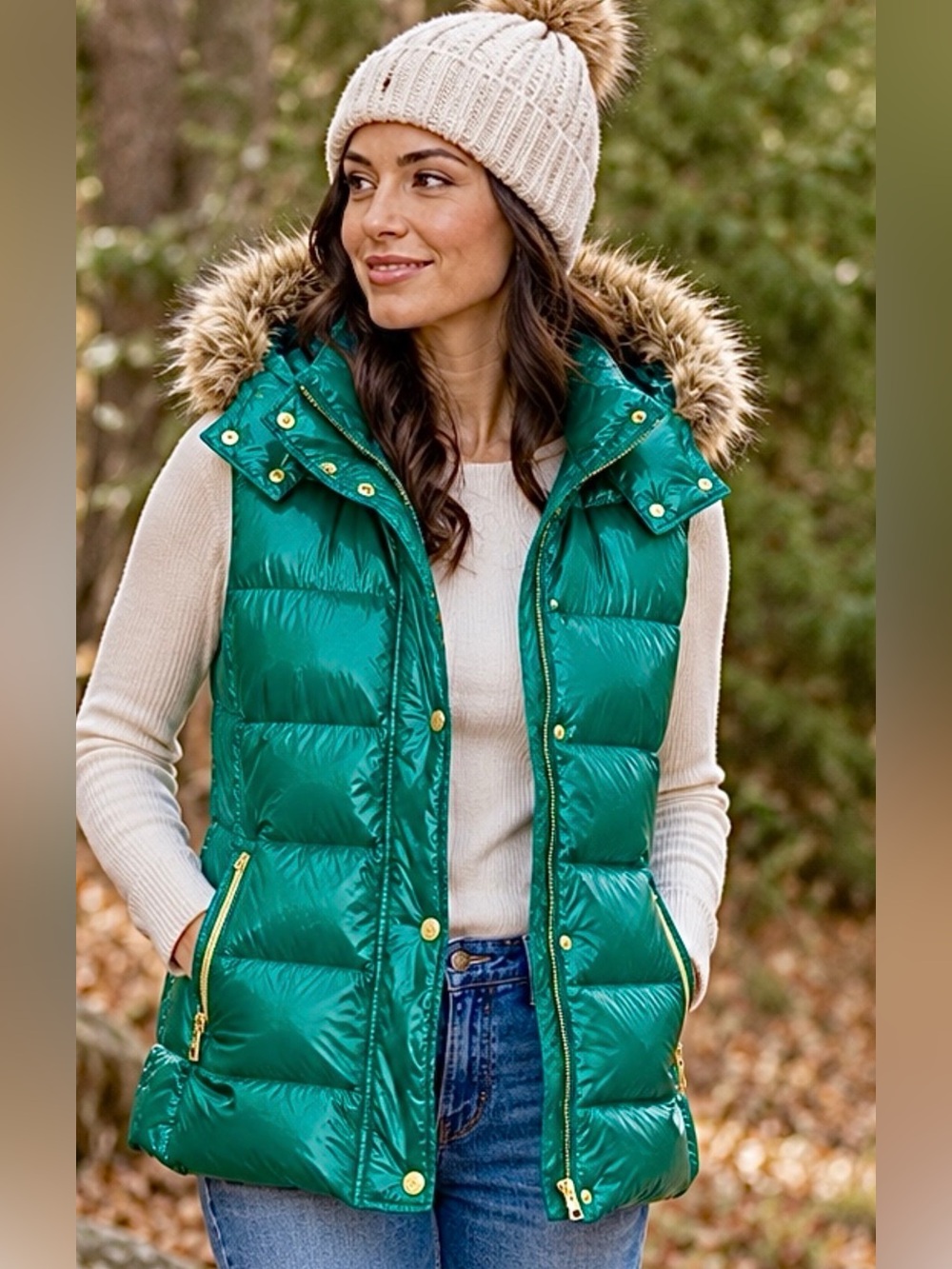 Vince Camuto Emerald Green Duck Down Puffer Vest Detachable Faux Fur Hood M NWOT